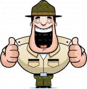 A cartoon illustration of a drill sergeant giving two thumbs up.
